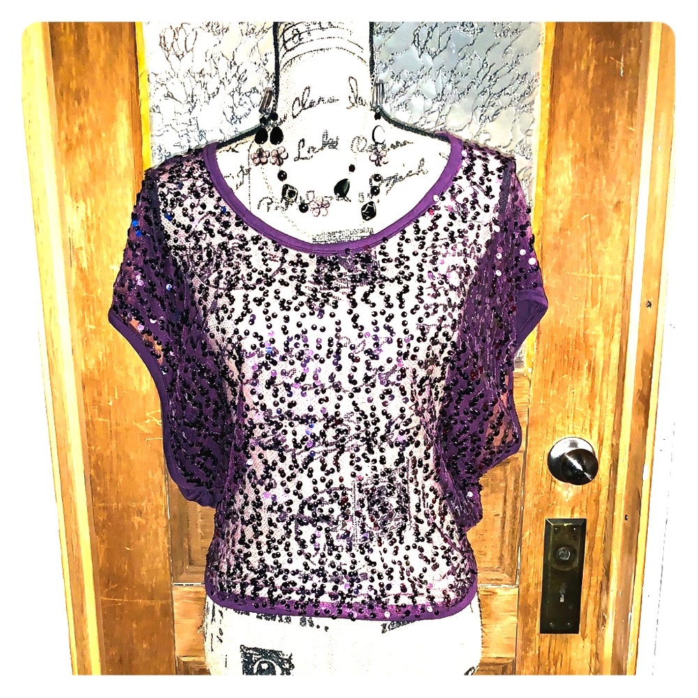 RHAPSODY Brand Mixed Media Sheer Front Sequin Top